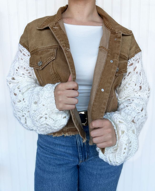 Brown Denim Jacket w/ Granny Square Sleeves Brown Denim Jacket w/ Granny Square Sleeves