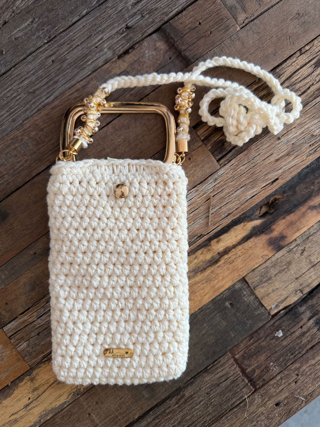 ✨ Classic Cream Crochet Cell Phone Crossbody with Gold Hardware