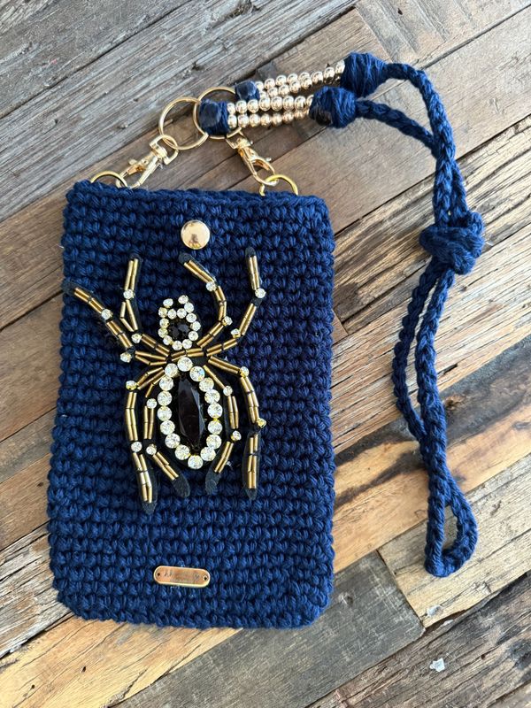 ?️ Nocturnal Glam: Navy Crochet Cell Phone Bag with Rhinestone Spider