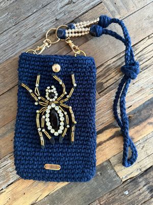 ?️ Nocturnal Glam: Navy Crochet Cell Phone Bag with Rhinestone Spider