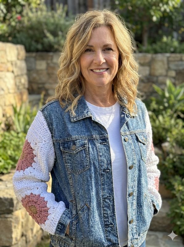 Denim Jacket w/ Granny Square Sleeves