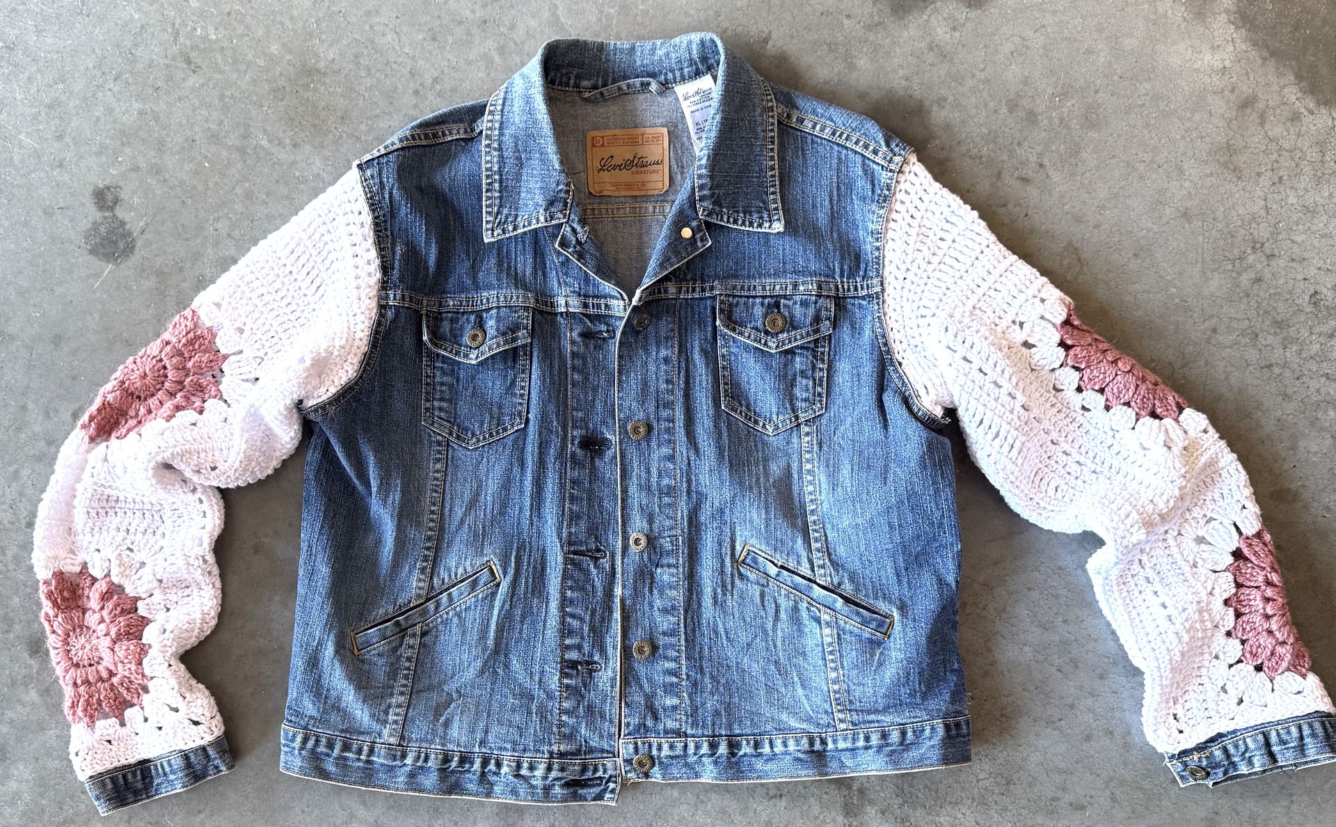 Denim Jacket w/ Granny Square Sleeves