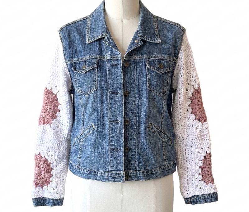Denim Jacket w/ Granny Square Sleeves