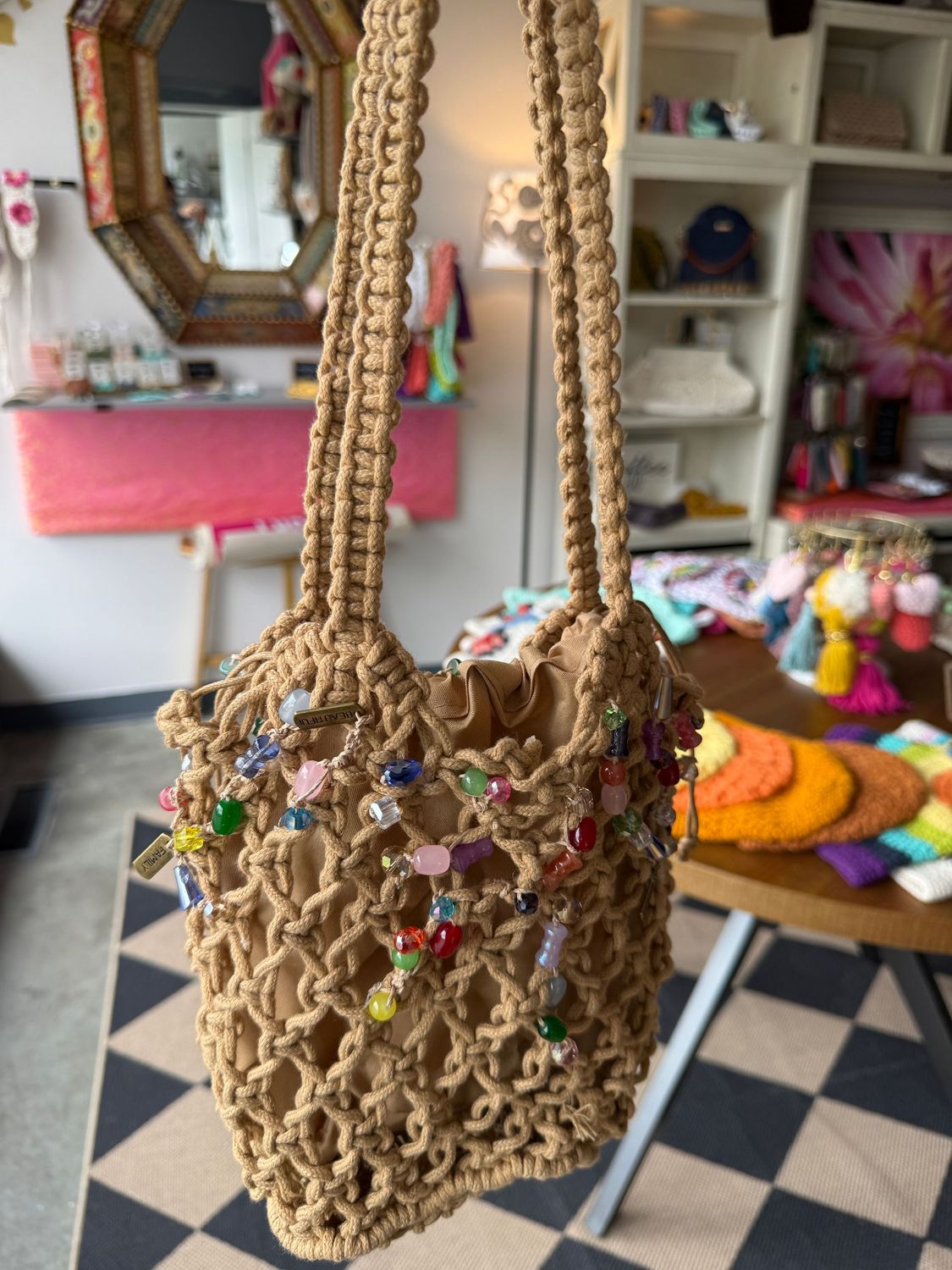 Boho Beaded Macrame Handbag with Drawstring Liner