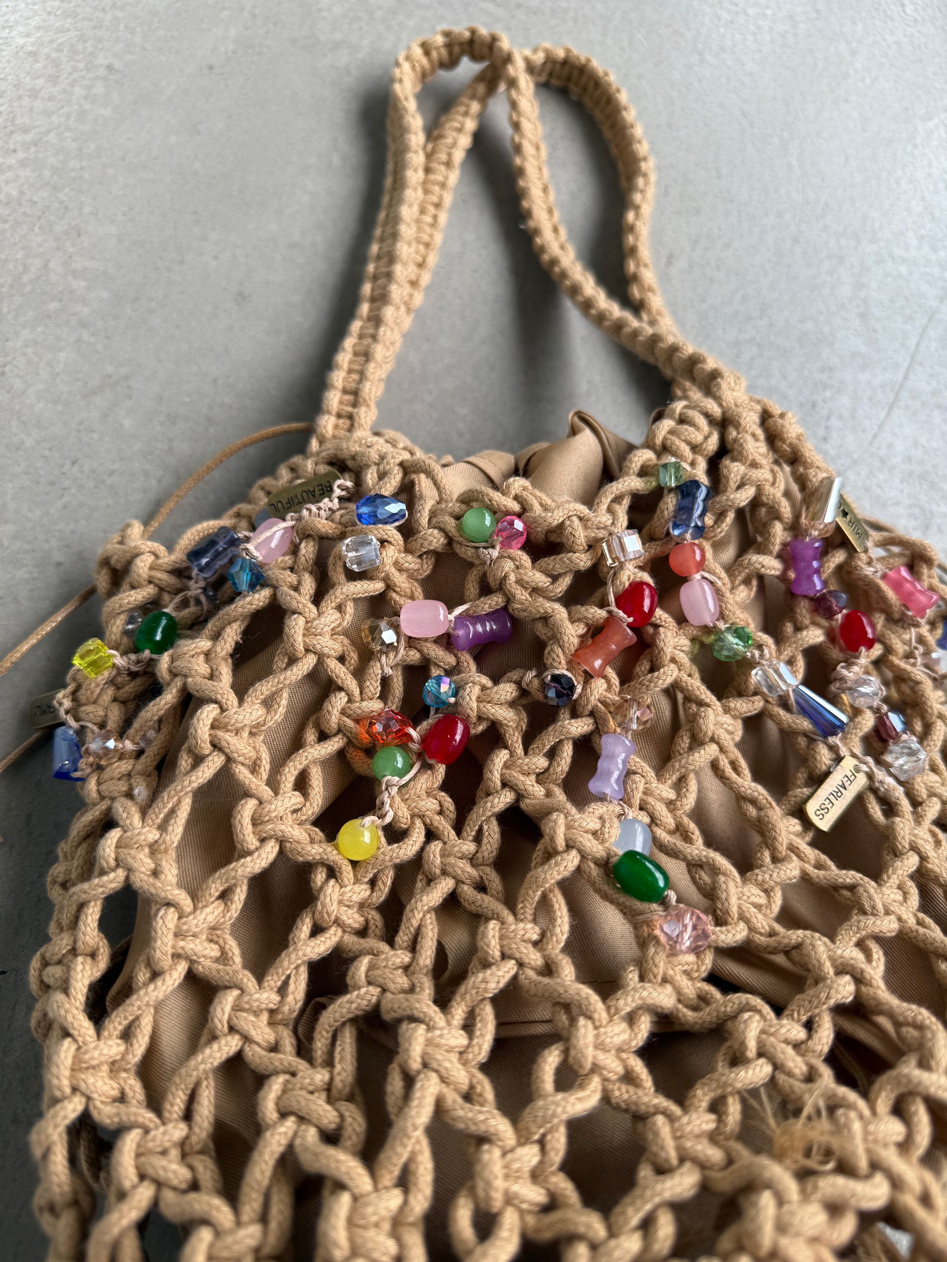 Boho Beaded Macrame Handbag with Drawstring Liner