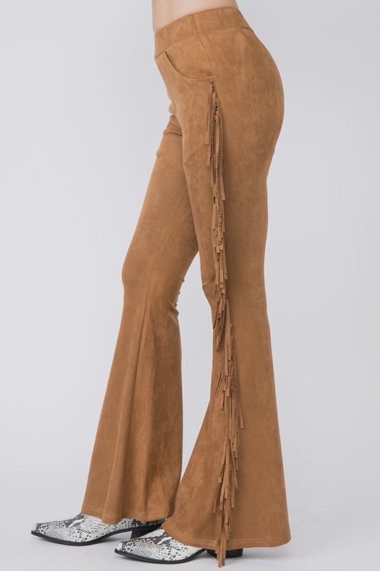 Faux Suede Fringe Flare Pants