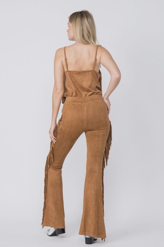 Faux Suede Fringe Flare Pants