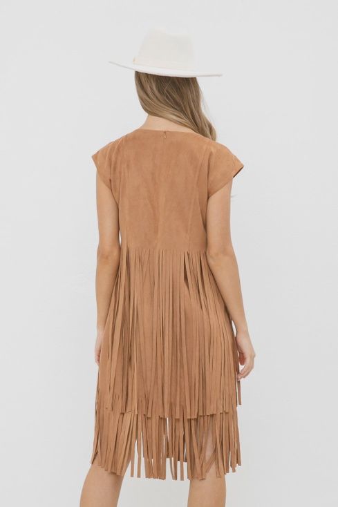 Embroidered Faux Suede Fringy Mini Dress