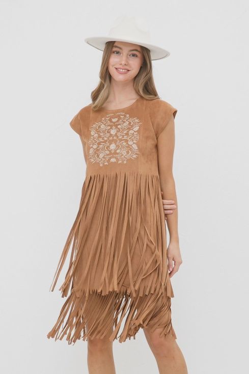 Embroidered Faux Suede Fringy Mini Dress