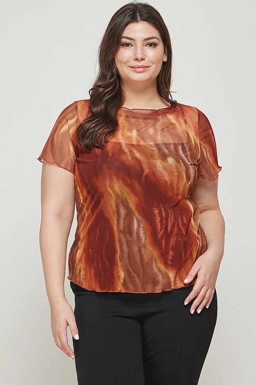 CURVY Marble Print Mesh Top