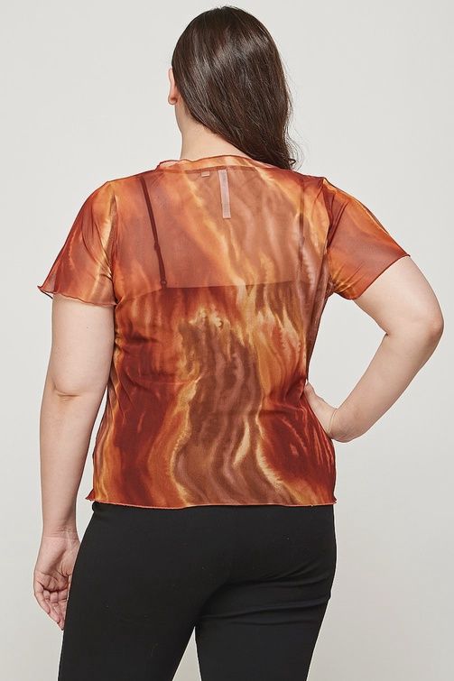 CURVY Marble Print Mesh Top