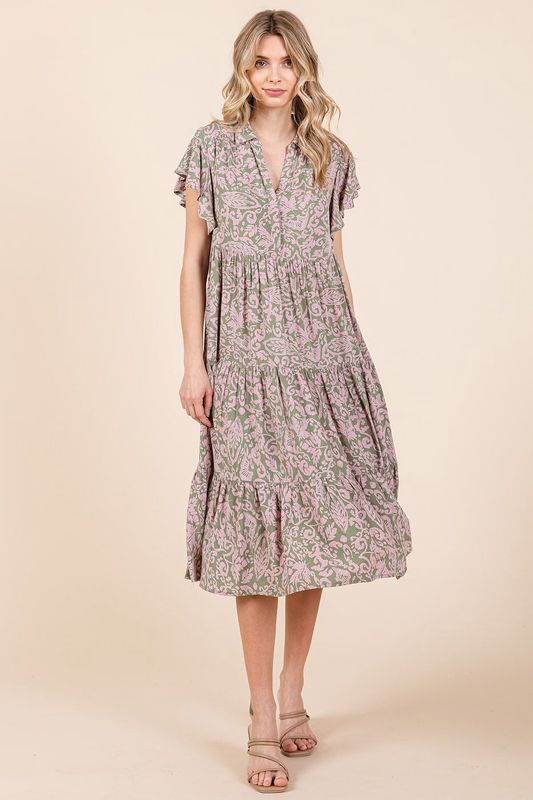 Abstract Print Tiered Midi Dress
