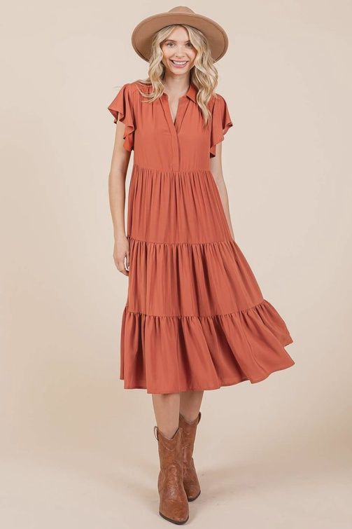 V-Neck Tiered Midi Dress