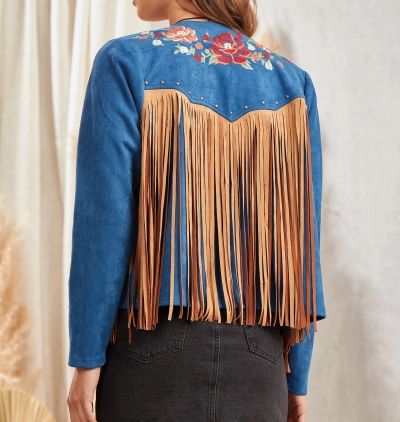 Blue Embroidered Fringe Jacket