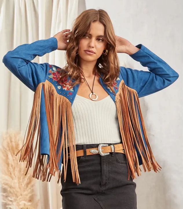 Blue Embroidered Fringe Jacket