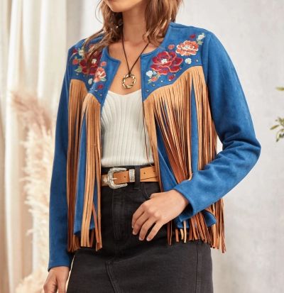 Blue Embroidered Fringe Jacket, Size: L