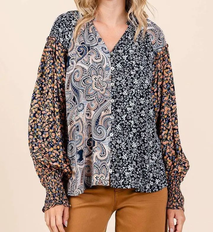 Patchwork Print Blouse, Size: SMALL