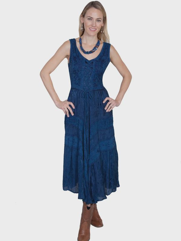 Blue Lace Up Embroidered Maxi Dress