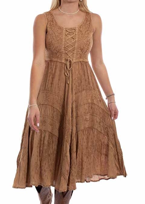 Beige Lace Up Embroidered Maxi Dress, Size: S