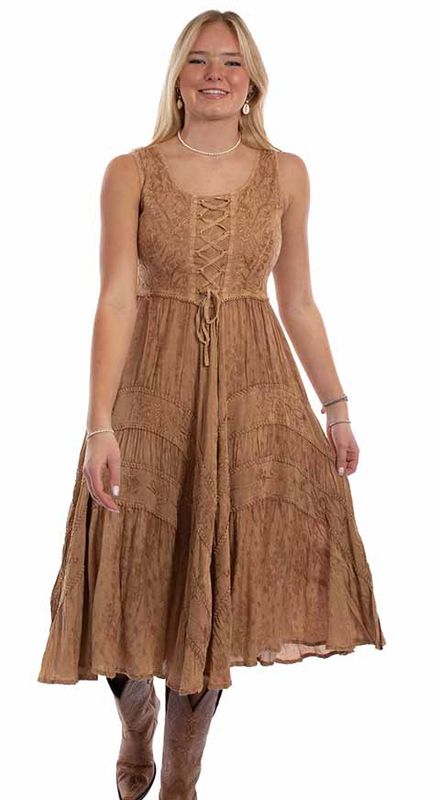 Beige Lace Up Embroidered Maxi Dress