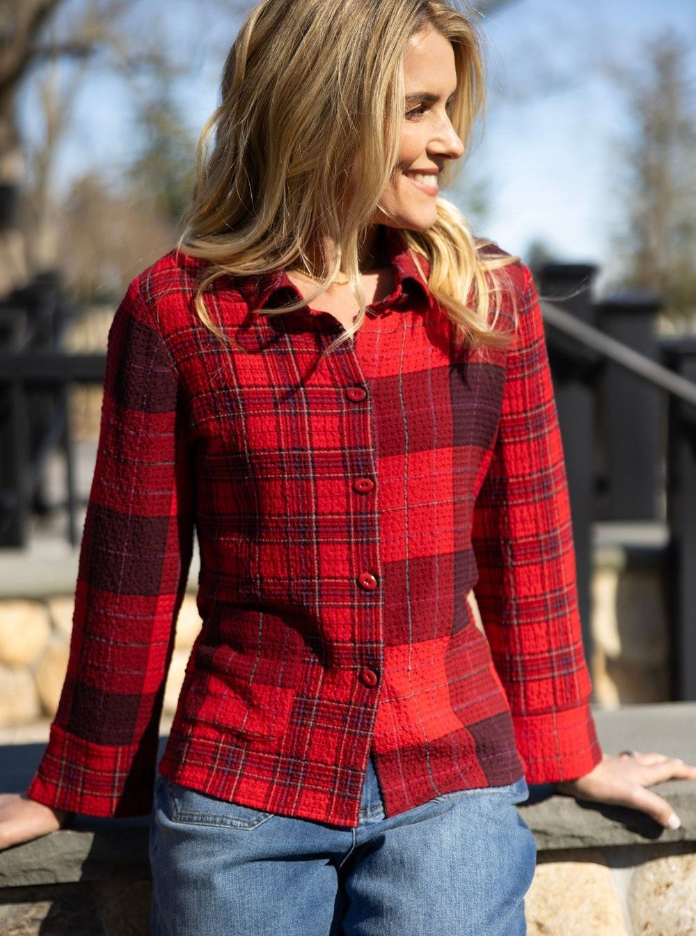Subtle Texture Plaid Blouse, Size: XSmall