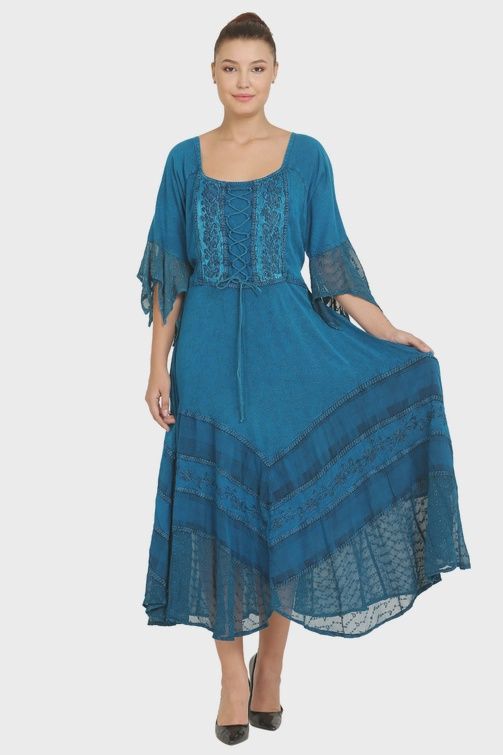 Lace-up Embroidered Maxi Dress