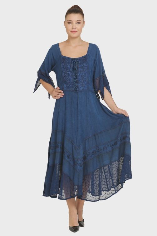 Lace-up Embroidered Maxi Dress