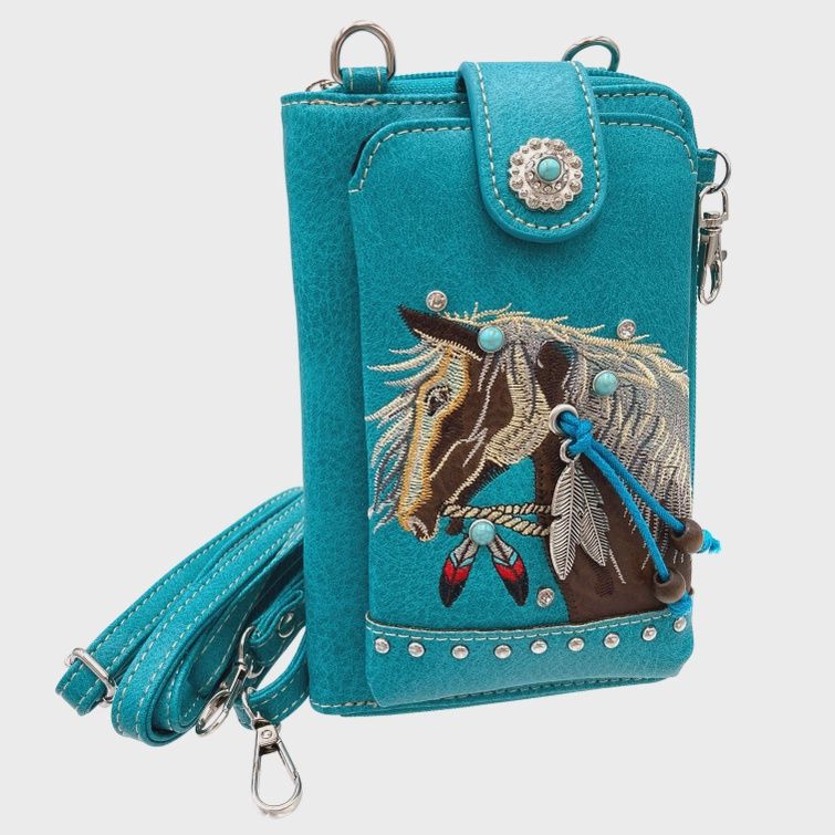 Embroidered Horse Phone Wallet, Color: Turquoise