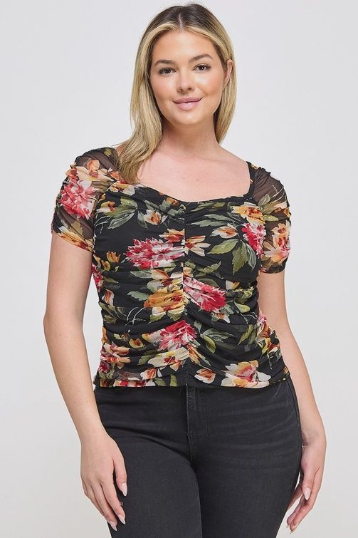 CURVY Ruched Floral Top