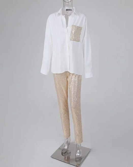 Gold Sequin Pant Set, Size: SMALL