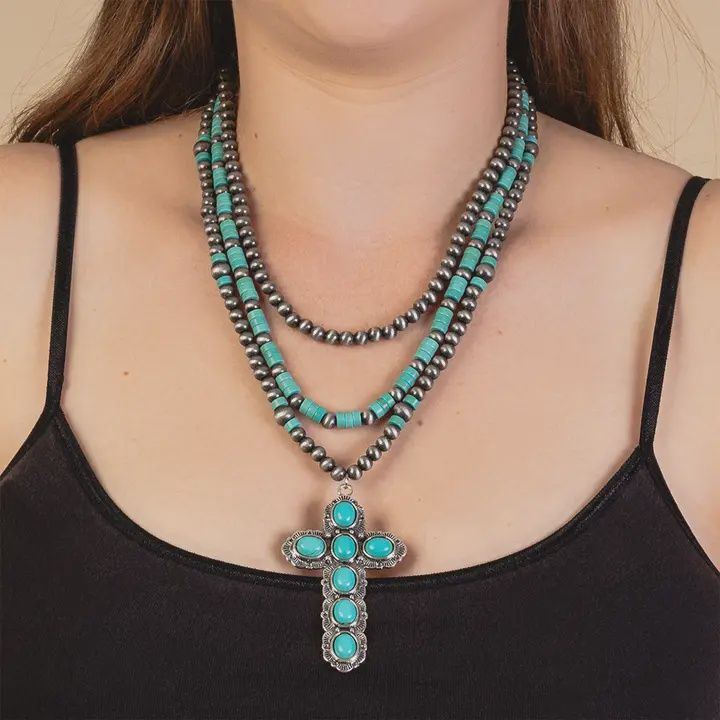 Turquoise and Grey Stone Cross Pendant