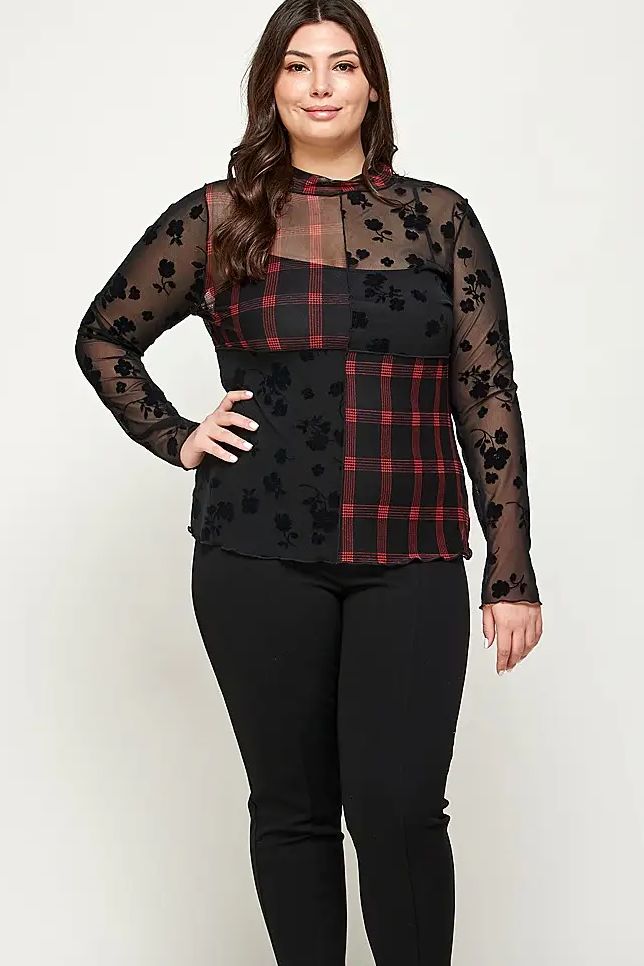CURVY Patchwork Mesh Top, Size: 1X