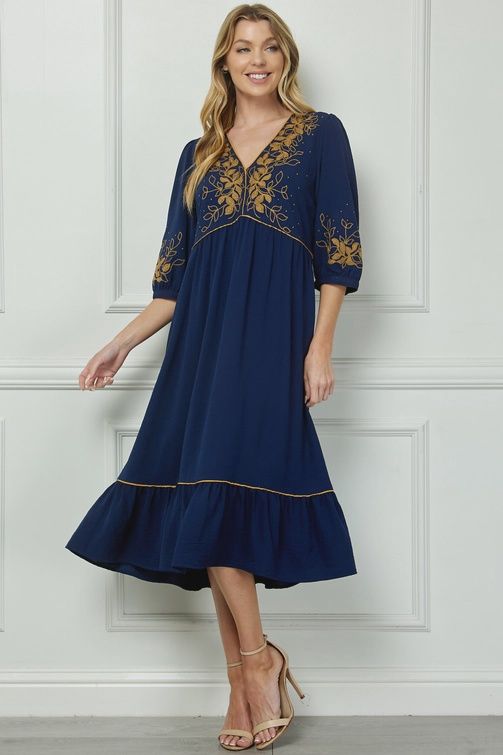Embroidered &amp; Piped Midi Dress