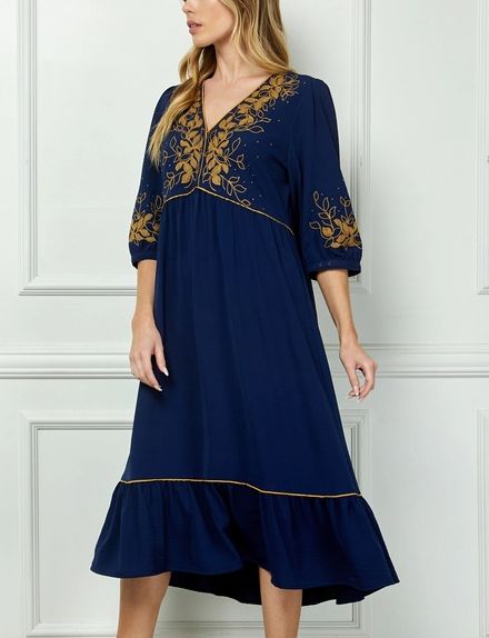 Embroidered &amp; Piped Midi Dress