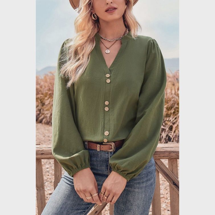 CURVY Paired Button V-Neck Blouse