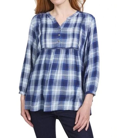 SALE - Blue Plaid Baby-doll Top, Size: LARGE