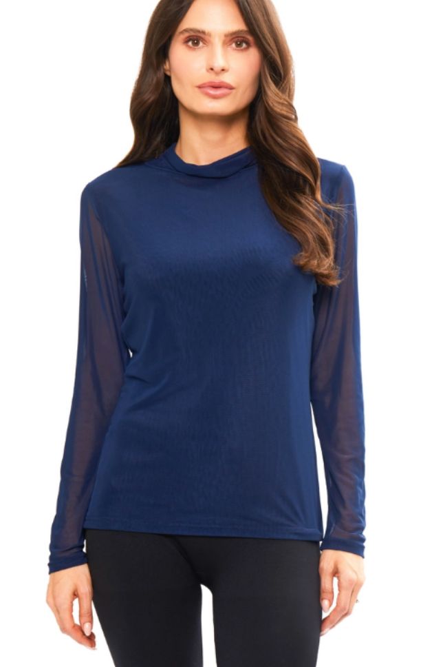 Long Sleeve Mesh Top - NAVY, Size: SMALL