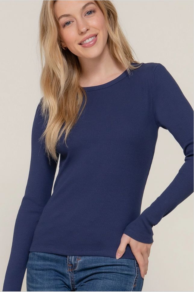 Long Sleeve Crew Neck Top - 3 Colors, Color: NAVY, Size: SMALL