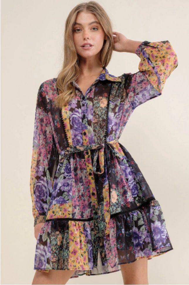 Floral Long Sleeve Mini Dress, Size: SMALL