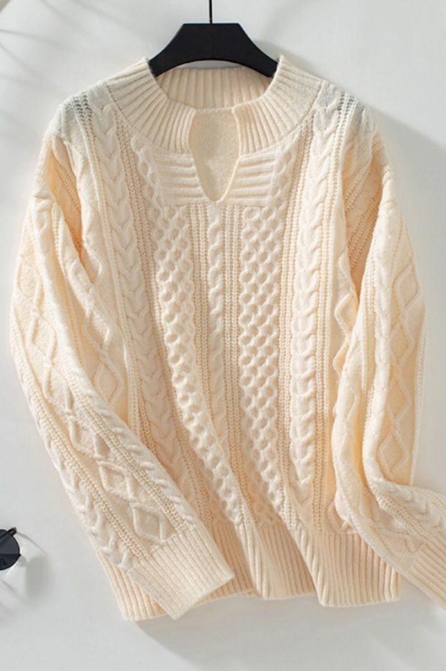 V Neck Cable Knit Sweater, Size: SMALL