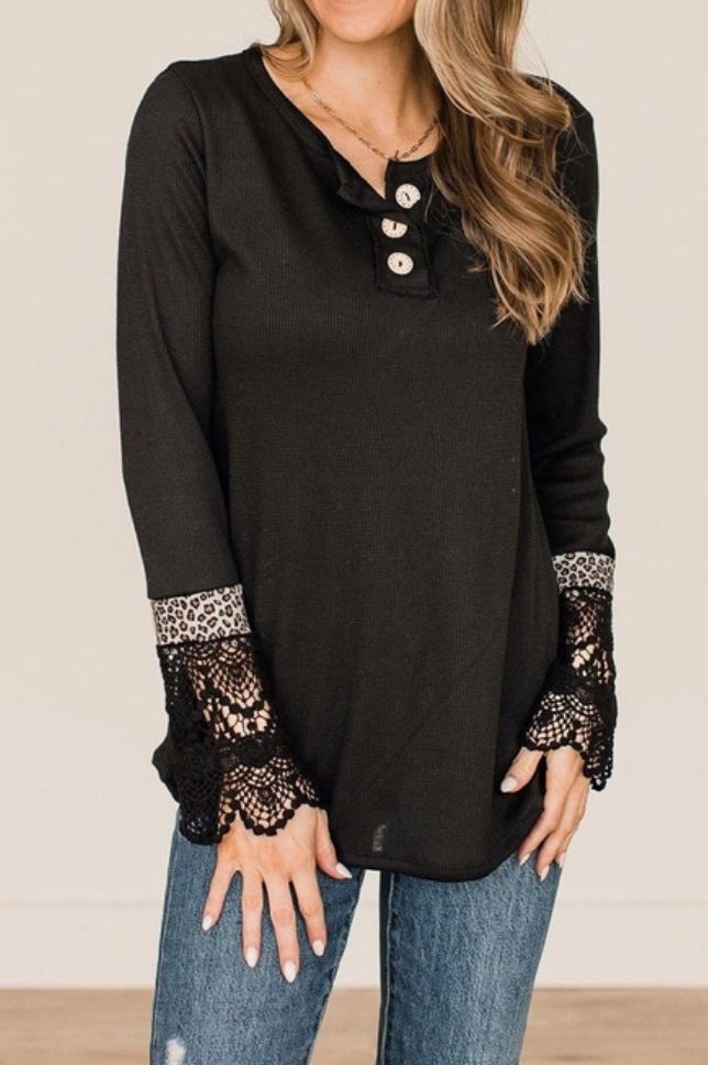 Leopard &amp; Lace Cuff Top, Size: SMALL