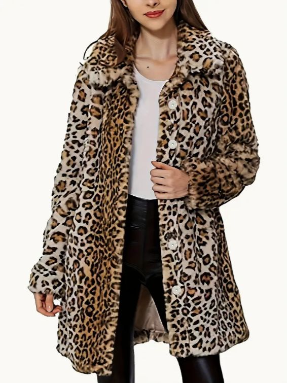 Leopard Faux Fur Coat, Size: XL