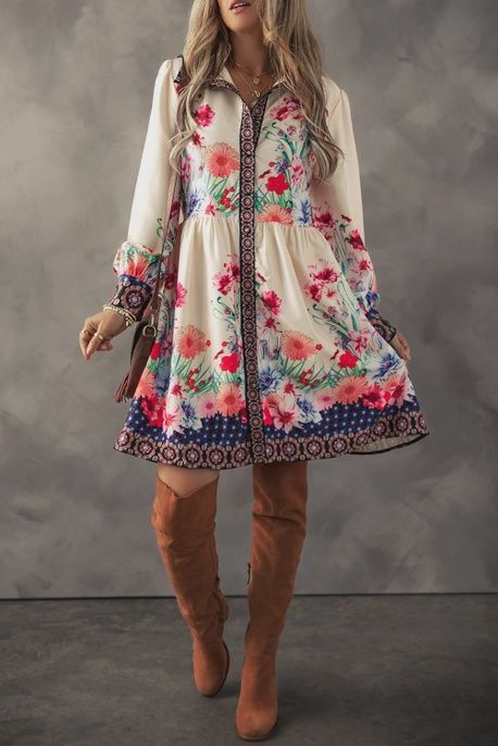 Floral w Contrast Trim Mini Dress