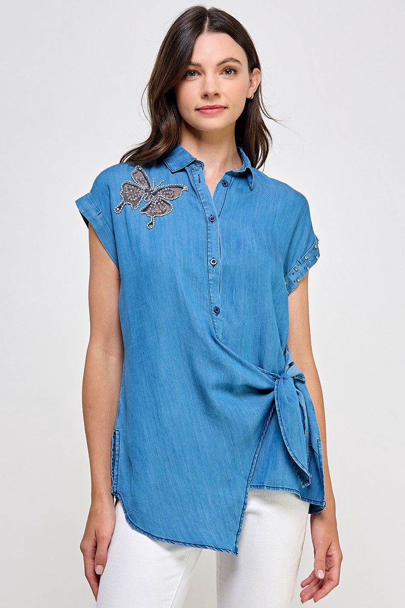 Butterfly Embellished Tencel Top, Size: SMALL