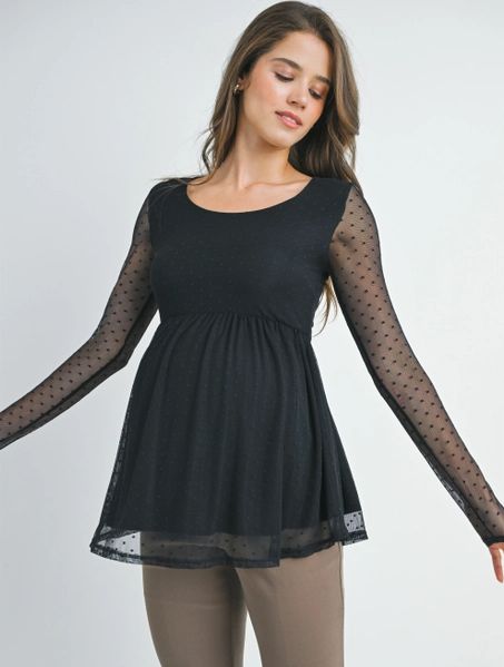 Polka Dot Mesh Sleeve Top, Size: SMALL