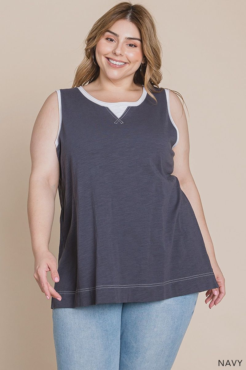 CURVY - Washed Cotton Tank w/ Contrast Band, Color: Navy, Size: 1X