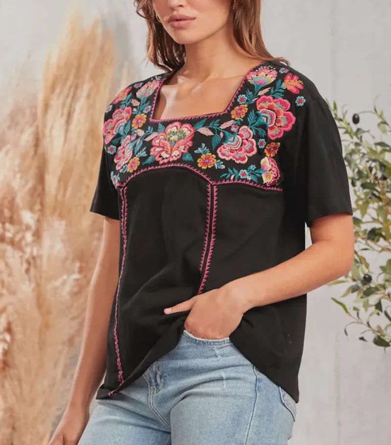 SJ Black Floral Yoke Top, Size: MEDIUM