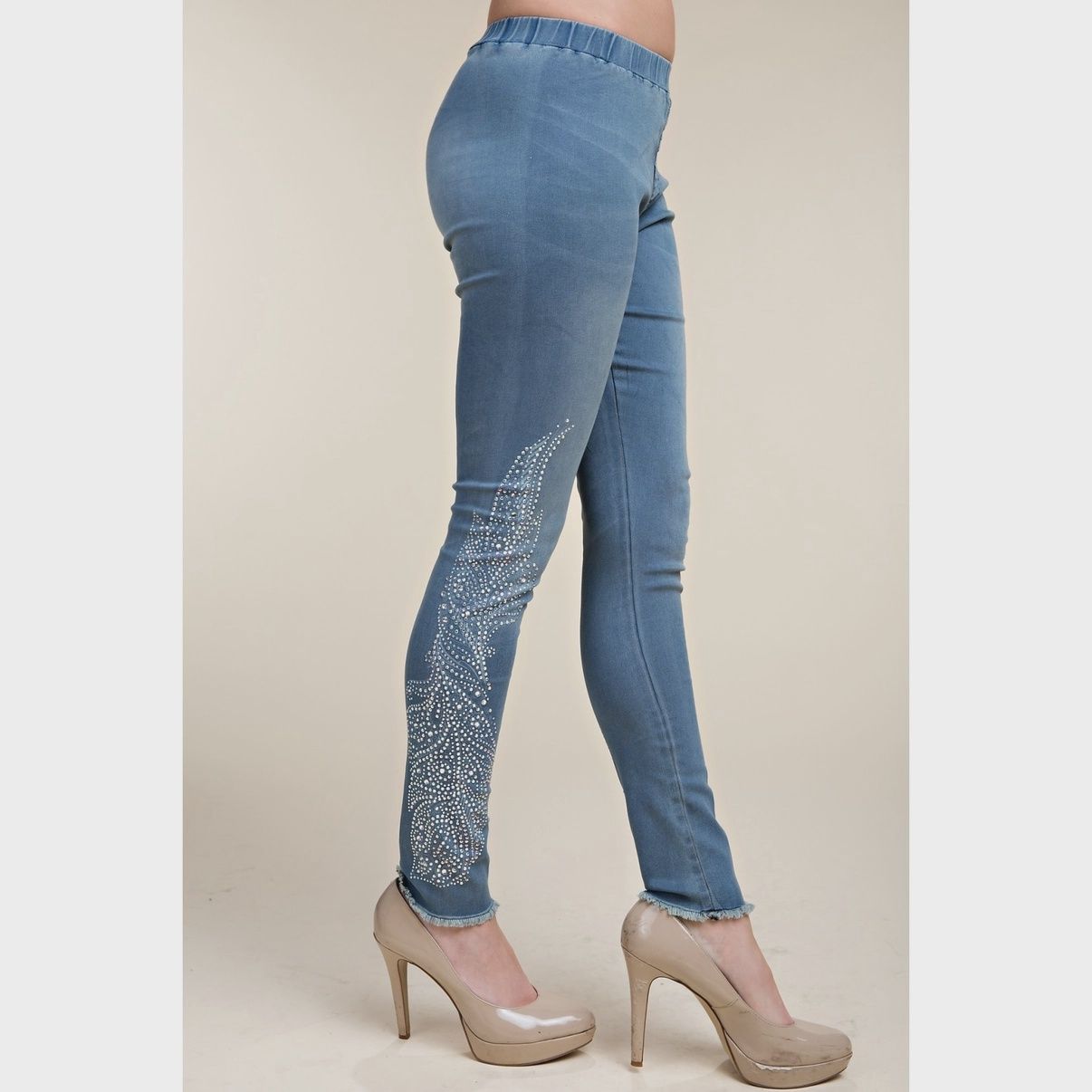 Denim Stretch Rhinestone Leg Jeans, Size: S