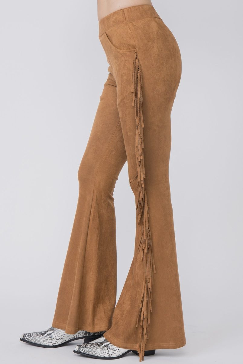 Faux Suede Fringe Flare Pants, Size: S