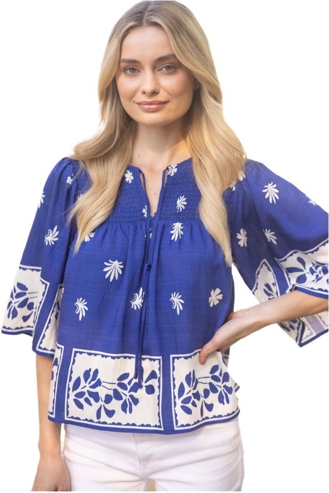 Floral Smocked Yoke Top, Size: SMALL